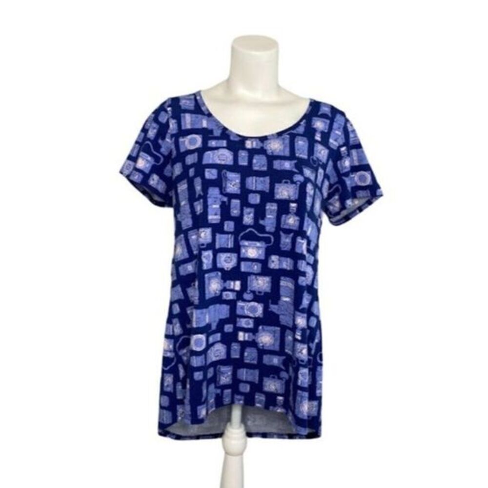 LuLaRoe CLASSIC T Blue Camera Scoop Neck High Low Top Sz Medium